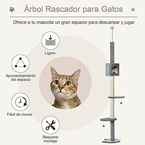 PawHut Árbol Rascador para Gatos Rascador para Fijar al Techo Altura 217 cm con Plataformas Cueva Postes de Sisal Bolas Colgantes Gris Claro