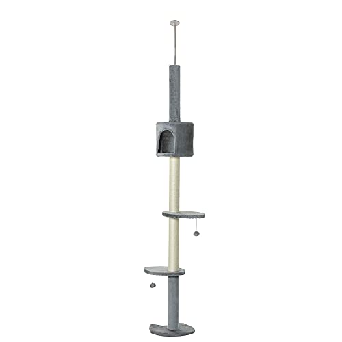 PawHut Árbol Rascador para Gatos Rascador para Fijar al Techo Altura 217 cm con Plataformas Cueva Postes de Sisal Bolas Colgantes Gris Claro