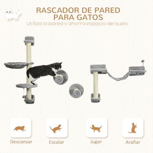 PawHut Estante de Escalada para Gatos de Pared Juego de Estantes para Gatos 4 Piezas con Hamaca Bola Plataformas para Saltar Poste de Sisal y Escalera 84,5x19x54 cm Gris y Beige