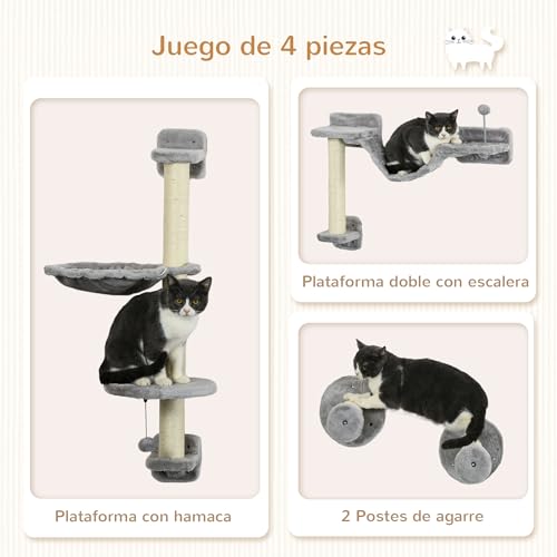 PawHut Estante de Escalada para Gatos de Pared Juego de Estantes para Gatos 4 Piezas con Hamaca Bola Plataformas para Saltar Poste de Sisal y Escalera 84,5x19x54 cm Gris y Beige