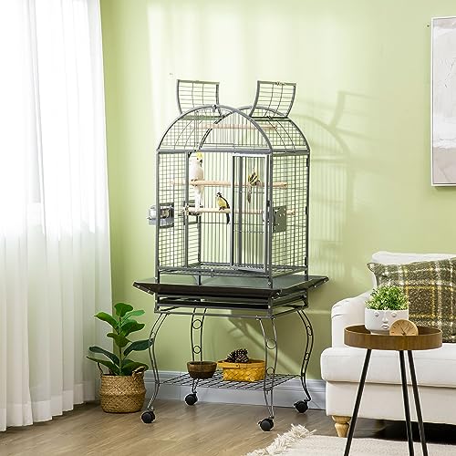 PawHut Jaula de Pájaros con Ruedas Pajarera Metálica 80x76,5x168 cm Jaula para Aves con 2 Puertas Techo Abatible Perchas Bandeja Extraíble 2 Comederos Gris Oscuro