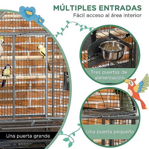 PawHut Jaula de Pájaros con Ruedas Pajarera Metálica 80x76,5x168 cm Jaula para Aves con 2 Puertas Techo Abatible Perchas Bandeja Extraíble 2 Comederos Gris Oscuro