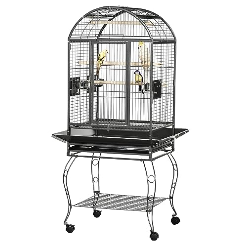 PawHut Jaula de Pájaros con Ruedas Pajarera Metálica 80x76,5x168 cm Jaula para Aves con 2 Puertas Techo Abatible Perchas Bandeja Extraíble 2 Comederos Gris Oscuro