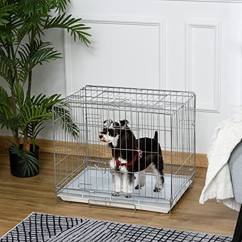 PawHut Jaula Plegable para Perros Perrera Metálica 61x43x50 cm Jaula Metálica para Perros con Bandeja Extraíble y 2 Puertas con Pestillo Blanco