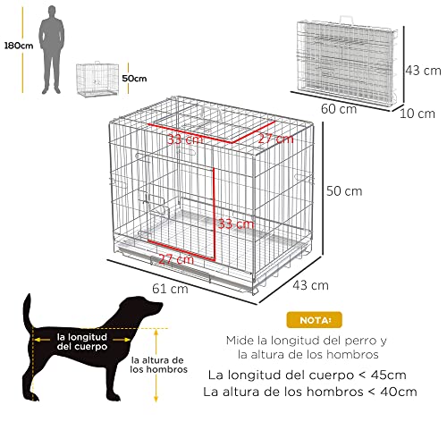 PawHut Jaula Plegable para Perros Perrera Metálica 61x43x50 cm Jaula Metálica para Perros con Bandeja Extraíble y 2 Puertas con Pestillo Blanco