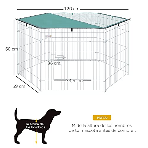 PawHut Parque de Juegos para Perros 6 Paneles 59x60 cm Plegables Valla Metálica para Mascotas con Puerta con Pestillo y Toldo Superior para Jardín Patio Exterior Plata