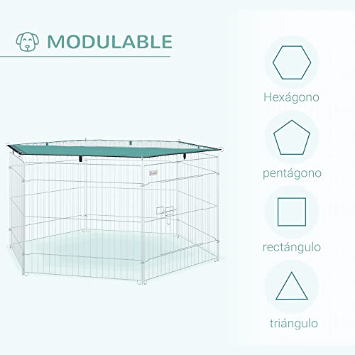 PawHut Parque de Juegos para Perros 6 Paneles 59x60 cm Plegables Valla Metálica para Mascotas con Puerta con Pestillo y Toldo Superior para Jardín Patio Exterior Plata