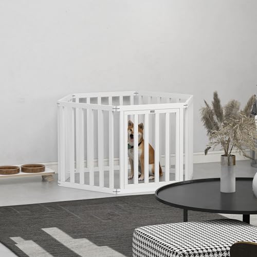 PawHut Parque para Perros de 6 Paneles 60x70 cm Valla para Mascotas Plegable de Pino con Puerta Pies de Goma Antideslizantes y Forma Personalizable para Pasillos Escaleras Blanco