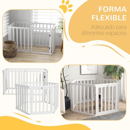 PawHut Parque para Perros de 6 Paneles 60x70 cm Valla para Mascotas Plegable de Pino con Puerta Pies de Goma Antideslizantes y Forma Personalizable para Pasillos Escaleras Blanco