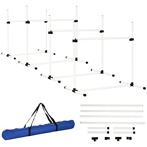 PawHut Set de Entrenamiento de Agilidad para Perros Mascotas 4 Piezas Obstáculos Vallas de Salto con Altura Ajustable y Bolsa de Transporte para Exteriores 99x65x94 cm Blanco