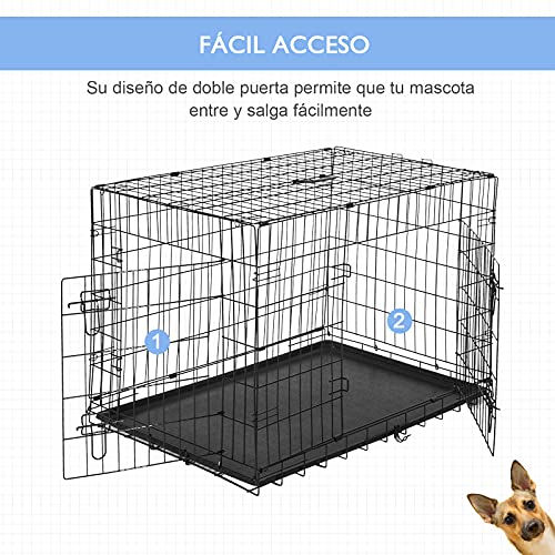 PawHut Transportín de Perro de 2 Puertas Jaula de Alambre para Perros Plegable con Asa Acero 76x46x52 cm Negro