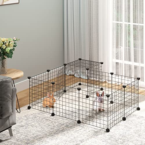 PawHut Valla para Animales Pequeños DIY con 24 Paneles Parque para Mascotas con Malla Metálica Jaula Modular para Cobayas Conejos Chinchillas 105x105x70 cm Negro