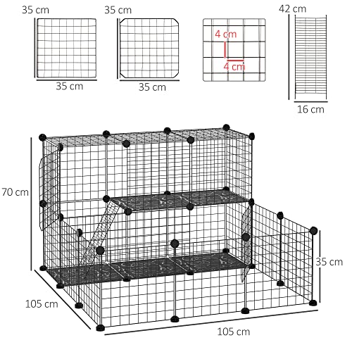 PawHut Valla para Animales Pequeños DIY con 24 Paneles Parque para Mascotas con Malla Metálica Jaula Modular para Cobayas Conejos Chinchillas 105x105x70 cm Negro