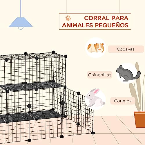 PawHut Valla para Animales Pequeños DIY con 24 Paneles Parque para Mascotas con Malla Metálica Jaula Modular para Cobayas Conejos Chinchillas 105x105x70 cm Negro