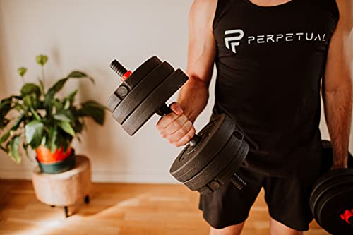 PERPETUAL® Kit de Mancuernas Regulables de 20KG - Juego de Pesas Ajustables para Musculación y Entrenamiento de Fuerza - Barra Conectora - Gimnasio en Casa - Hombre/Mujer Principiantes