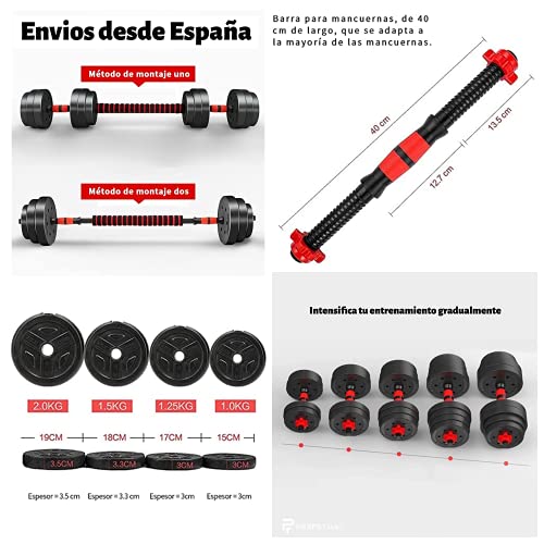 PERPETUAL® Kit de Mancuernas Regulables de 20KG - Juego de Pesas Ajustables para Musculación y Entrenamiento de Fuerza - Barra Conectora - Gimnasio en Casa - Hombre/Mujer Principiantes