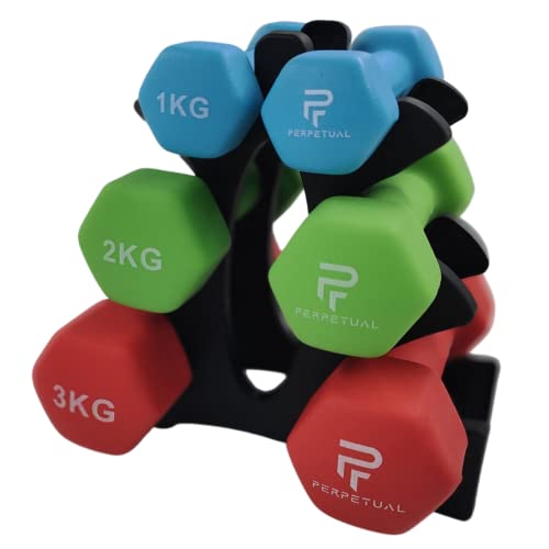 Perpetual Mancuernas Disponibles en 0.5KG/1KG/1.5KG/2KG/3KG/4KG/5KG (2 Unidades) y Sets 6/12/16/22/30KG Pesas Ligeras Pequeñas Hexagonales Neopreno Pilates Hombre Mujer Gimnasio en Casa Dumbbell