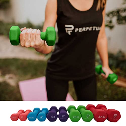 PERPETUAL Mancuernas Disponibles en 0.5KG/1KG/1.5KG/2KG/3KG/4KG/5KG (2 unidades) y Sets 6/12/16KG Pesas Ligeras Pequeñas Hexagonales Neopreno Pilates Hombre Mujer Ejercicio Gimnasio Casa Fitness