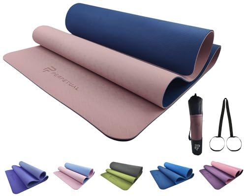 PERPETUAL® TPA Esterilla de Yoga y Pilates de 6mm - Mat Antideslizante - Con Correa y Bolsa de Transporte - Colchoneta Gruesa y Plegable - Hombre/Mujer - Gimnasia y Fitness (Salmón/Azul Marino)