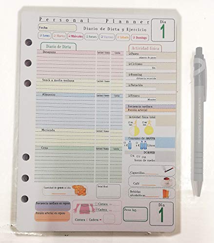 Personal Planner - Diario de Dieta 100 DÍAS - Recambio de Agenda 6 anillos - tamaño A5 15x21cm - Español