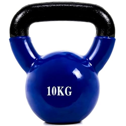 Pesa Rusa de 10Kg de acero Kettlebell con revestimiento de vinilo mancuerna Fiteness con Mango Ancho Antideslizante para Ejercicios y Entrenamiento en Casa y Gimnasio lastre, mancuerna azul