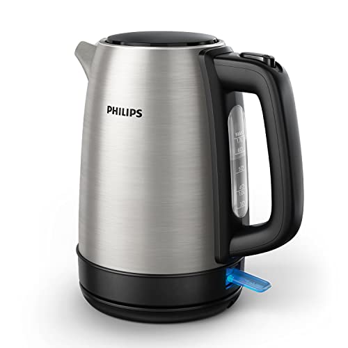 Philips Daily Collection Hervidor de Agua, 1.7L, Tapa con Resorte, Indicador Luminoso, Filtro de Micromalla, Rellenado Fácil, Base con Giro, Acero Inox (HD9350/90)