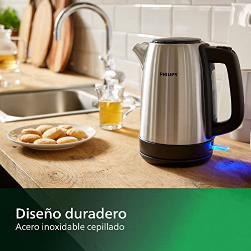 Philips Daily Collection Hervidor de Agua, 1.7L, Tapa con Resorte, Indicador Luminoso, Filtro de Micromalla, Rellenado Fácil, Base con Giro, Acero Inox (HD9350/90)