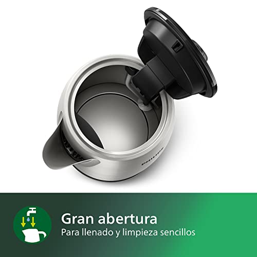 Philips Daily Collection Hervidor de Agua, 1.7L, Tapa con Resorte, Indicador Luminoso, Filtro de Micromalla, Rellenado Fácil, Base con Giro, Acero Inox (HD9350/90)