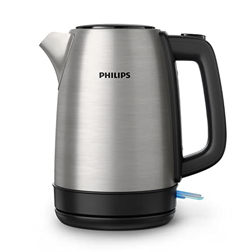 Philips Daily Collection Hervidor de Agua, 1.7L, Tapa con Resorte, Indicador Luminoso, Filtro de Micromalla, Rellenado Fácil, Base con Giro, Acero Inox (HD9350/90)