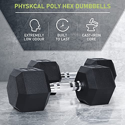 PhysKcal Juego de mancuernas hexagonales, mancuernas con revestimiento de goma de polietileno sin olor, 2.5 kg, 5 kg, 7.5 kg, 10 kg, 12.5 kg, juego de pesas para gimnasio en casa, 12.5 kg individual