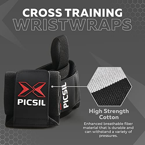 PicSil Muñequeras de Algodón para Cross Training, Soporte de Muñeca con Agarre Pulgar, Hecha de Nylon Elástico, Ideal para Musculación, Boxeo, Calistenia, Gimnasio, Previene Tendinitis, Unisex (Negro)