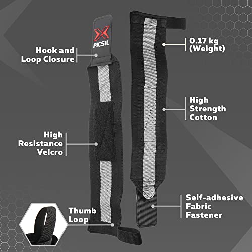 PicSil Muñequeras de Algodón para Cross Training, Soporte de Muñeca con Agarre Pulgar, Hecha de Nylon Elástico, Ideal para Musculación, Boxeo, Calistenia, Gimnasio, Previene Tendinitis, Unisex (Negro)