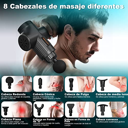 Pistola de Masaje Muscular, Eléctrica Masajeador de Músculos de Tejido Profundo Hasta 4800 RPM, 30 Velocidades, 8 Cabezales de Masaje, Pantalla LCD Táctil, Carga Tipo-C (Negro)