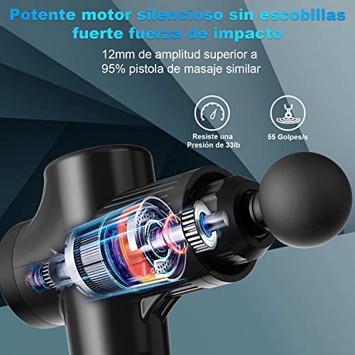 Pistola de Masaje Muscular, Eléctrica Masajeador de Músculos de Tejido Profundo Hasta 4800 RPM, 30 Velocidades, 8 Cabezales de Masaje, Pantalla LCD Táctil, Carga Tipo-C (Negro)