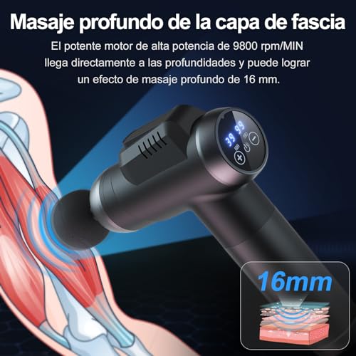 Pistola de Masaje Muscular, Masajeador Cervical y Espalda, 99 Niveles Ajustables, 6 Cabezales de Masaje, Pantalla LCD y Carga Tipo-C, Profesional Massage Gun para Aliviar el Dolor Muscular