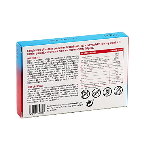 PLAMECA - Plan Sin Activ, Ayuda a Acelerar el Metabolismo, a Quemar Grasas y Eliminar Toxinas, con Vitamina C, Hierro, Cetonas de Frambuesa, Té Rojo, Cola de Caballo y L-Arginina - 45 Cápsulas Veget