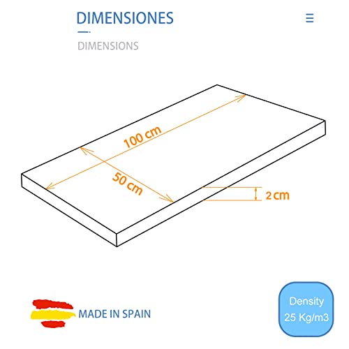 Plancha de Espuma Poliuretano 50x100cm Grosor 2 cm Densidad Media D25 Firme Multiusos Colchón Cojín Relleno para Asientos Tapicería Disfraces de Foam Maletín de transporte Color Azul