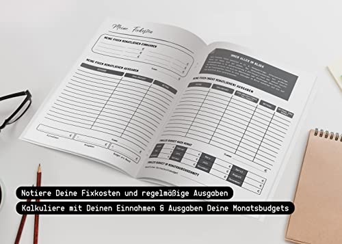 Planificador financiero DIN A4 – Rastrea ingresos mensuales, gastos y presupuesto – Planificador de dinero en alemán con 36 páginas, planificador para ahorrar y controlar tus costes fijos mensuales,
