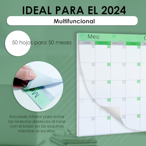 Planificador Mensual A3 con Notas Adhesivas. Organizador semanal, mensual y diario. Tu calendario, agenda, planificador y to do list en un bloc. Planner 2024. Organizador mensual sobremesa