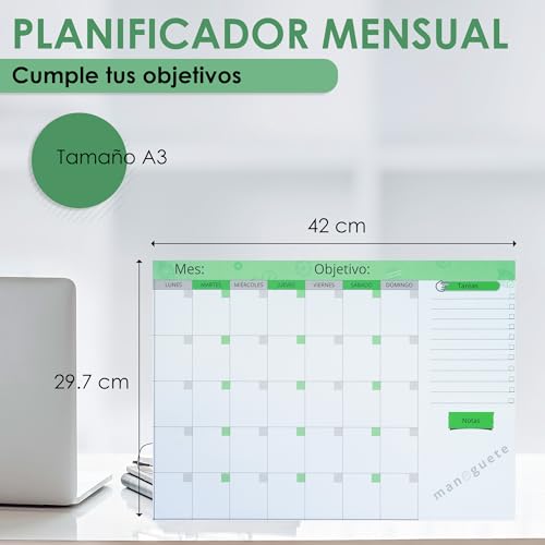 Planificador Mensual A3 con Notas Adhesivas. Organizador semanal, mensual y diario. Tu calendario, agenda, planificador y to do list en un bloc. Planner 2024. Organizador mensual sobremesa