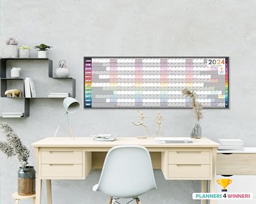 planners4winners - Planificador de pared 2024, tamaño extra ancho (120 x 42 cm), gráfico anual para pared, del 24 de enero al 24 de diciembre, formato de fechas horizontales, fin de semana alineado,