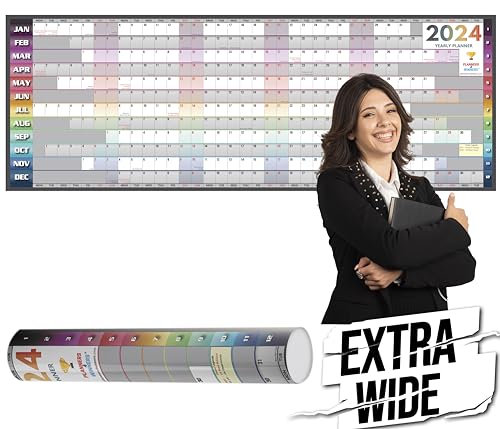 planners4winners - Planificador de pared 2024, tamaño extra ancho (120 x 42 cm), gráfico anual para pared, del 24 de enero al 24 de diciembre, formato de fechas horizontales, fin de semana alineado,