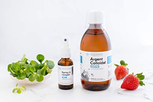 Plata Coloidal Prémium 300 ml Sin sabor ● 40 ppm ● Óptima Concentración, Partículas más Pequeñas, Mejores Resultados ● Certificada por Laboratorio ● Incluye Pulverizador para llenar y Ebook