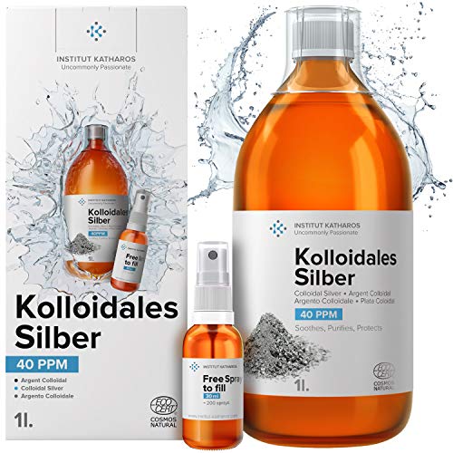 Plata Coloidal Prémium Líquido Sin sabor 1000 ml ● 40 ppm ● Óptima Concentración, Partículas más Pequeñas, Mejores Resultados ● Certificada por Laboratorio ● Incluye Pulverizador para llenar y Ebook