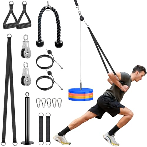 Poleas Gimnasio para Casa, DIY Polea Gimnasio Fitness Maquina Multifuncion Musculacion Gym Cable Sistema, Maquina Gimnasio Tríceps Biceps Brazo Espalda Hombro (Agarres+Cuerda Tríceps+Correa Extensión)