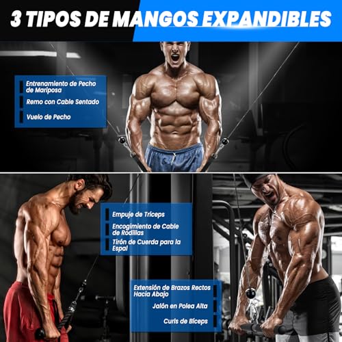 Poleas Gimnasio para Casa, DIY Polea Gimnasio Fitness Máquina Musculacion Gym Cable Kit Sistema en Casa, Tríceps Biceps Ejercicio Workout Accesorios (Barra Recta + Cuerda Tríceps + Agarres Dobles)