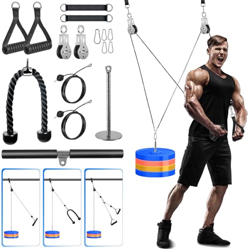 Poleas Gimnasio para Casa, DIY Polea Gimnasio Fitness Máquina Musculacion Gym Cable Kit Sistema en Casa, Tríceps Biceps Ejercicio Workout Accesorios (Barra Recta + Cuerda Tríceps + Agarres Dobles)