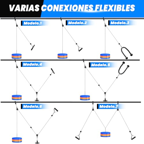 Poleas Gimnasio para Casa, DIY Polea Gimnasio Fitness Máquina Musculacion Gym Cable Kit Sistema en Casa, Tríceps Biceps Ejercicio Workout Accesorios (Barra Recta + Cuerda Tríceps + Agarres Dobles)