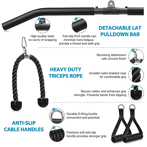 Poleas Gimnasio para Casa, Sistema de Polea Cable Máquina de Musculacion Accesorio de Entrenamiento para Máquinas de Brazo (Set con Manija Mosca, Barra polea, Cuerda de tríceps)