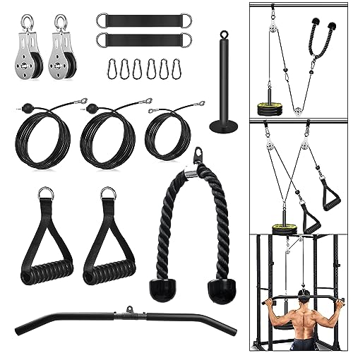 Poleas Gimnasio para Casa, Sistema de Polea Cable Máquina de Musculacion Accesorio de Entrenamiento para Máquinas de Brazo (Set con Manija Mosca, Barra polea, Cuerda de tríceps)